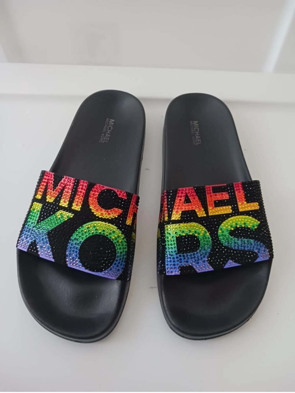 MICHAEL KORS Rainbow Crystal Logo Slide Sandals-New